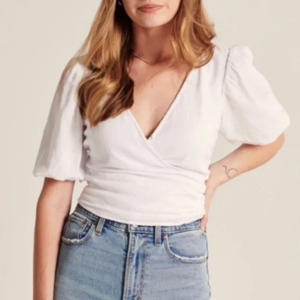 Abercrombie & Fitch Striped Linen Wrap Crop Top | Puff Sleeve | Smocked Back | S - Picture 4 of 12